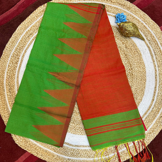 Red & Green Soft Cotton Linen Sari Indian Saree with temple border C1
