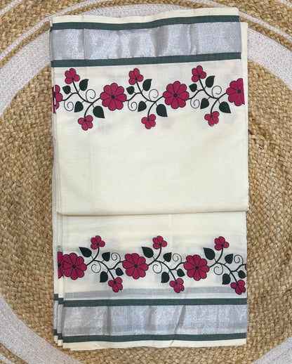 Pink Kerala Vishu Sari Indian hand Printed Kasavu Onam Saree C19