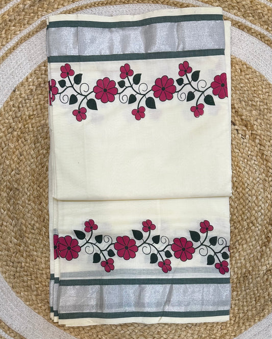 Pink Kerala Vishu Sari Indian hand Printed Kasavu Onam Saree C19