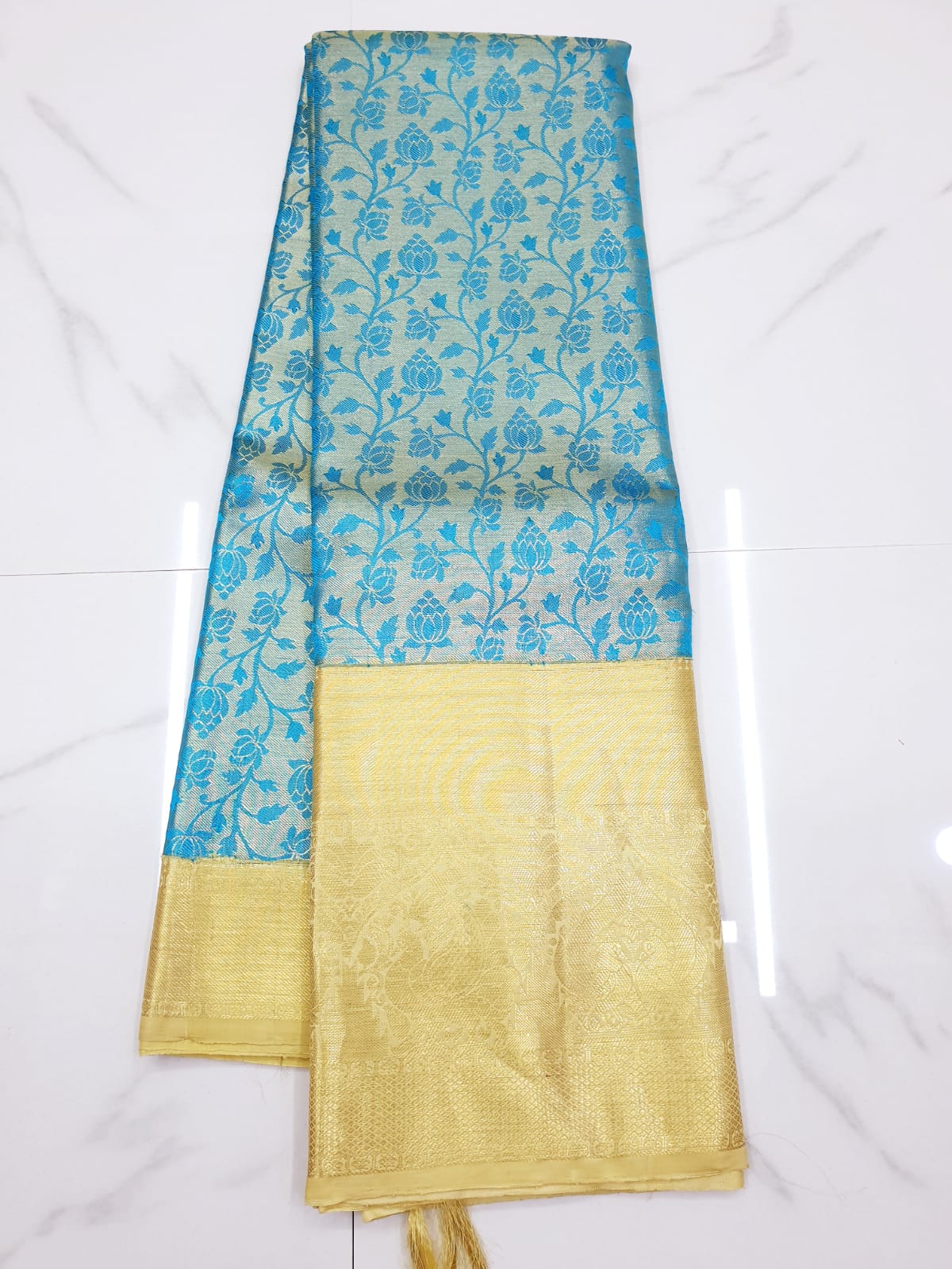 Bridal Kanchipuram Pure Silk Saree Blue Cream Kanjivaram Sari| SPK178