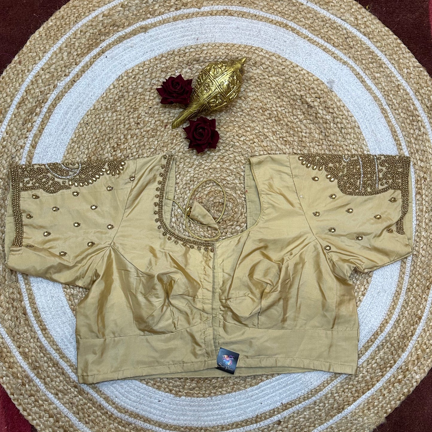 44” Size 14 Aari Worked Sari Blouse Indian Saree Top Light Gold B259
