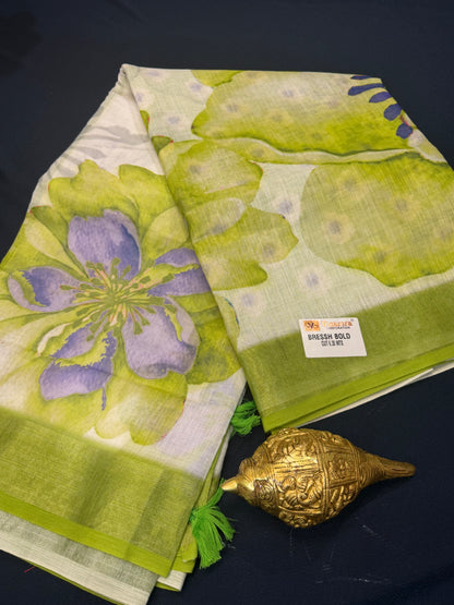 White & Green Digital Printed Linen Sari Indian casual Saree C5