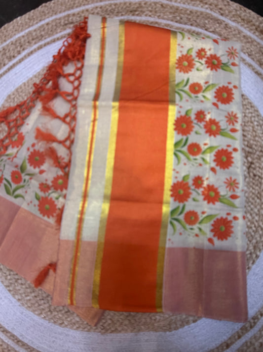 Orange Kerala Vishu Sari Indian Cream Tissue hand Printed Onam Saree C16