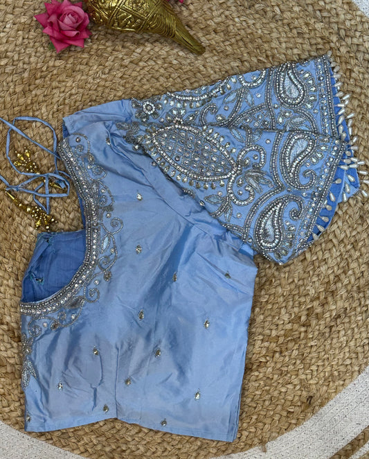 40” Size 10 Aari Worked Sari Blouse Indian Saree Top Silk Light Blue B94