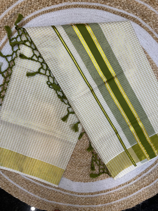 Mehendi Green Kerala Vishu Sari Indian hand Printed Kasavu Onam Saree C22 Col 4