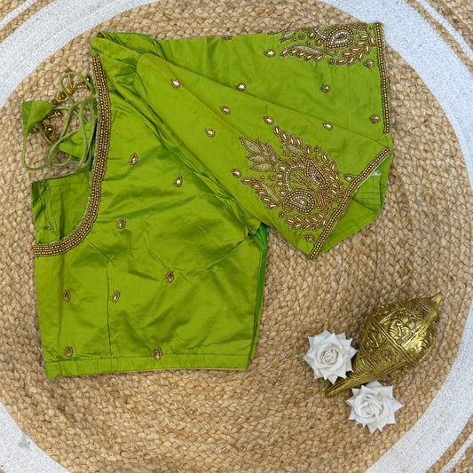 46” Size 16 Aari Worked Sari Blouse Indian Saree Top Silk Green B225