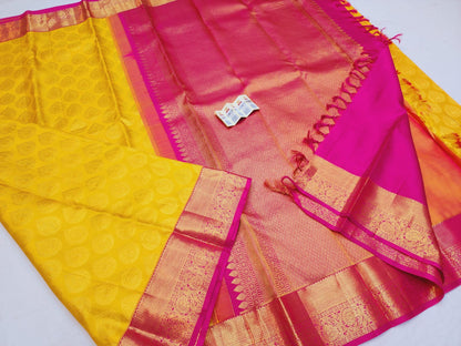 Bridal Kanchipuram Pure Silk Saree Yellow & Rani Pink Kanjivaram Sari| SPK112