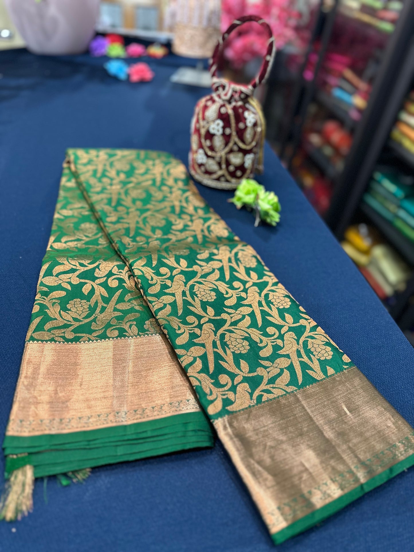 Kanchipuram Pure Silk Saree Green & Copper Kanjivaram Sari| SPK129