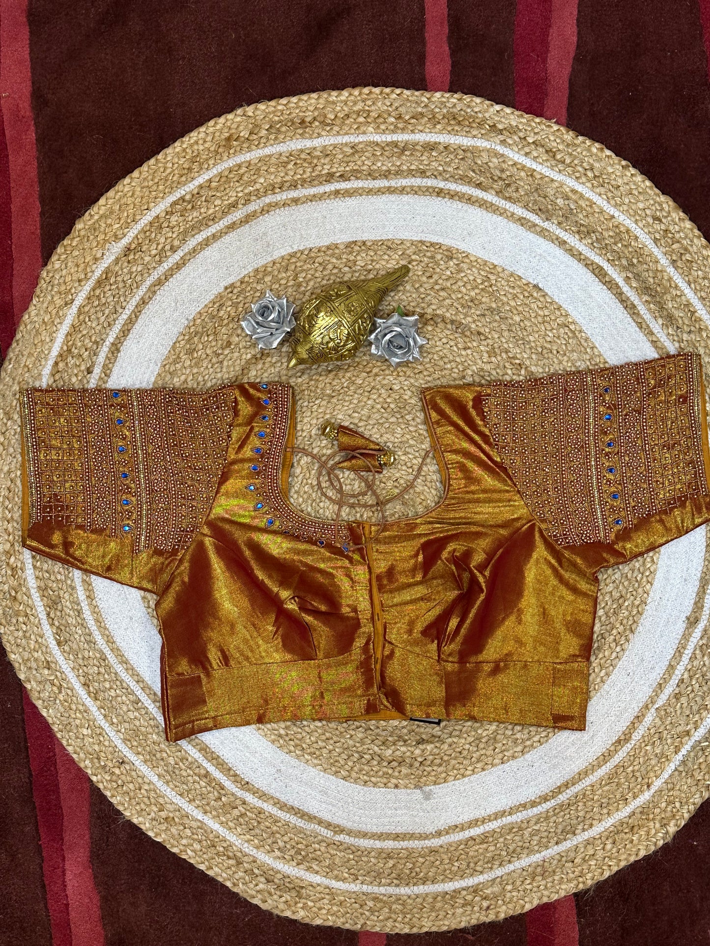 44” Size 14 Aari Worked Sari Blouse Indian Saree Top Tissue Silk B134