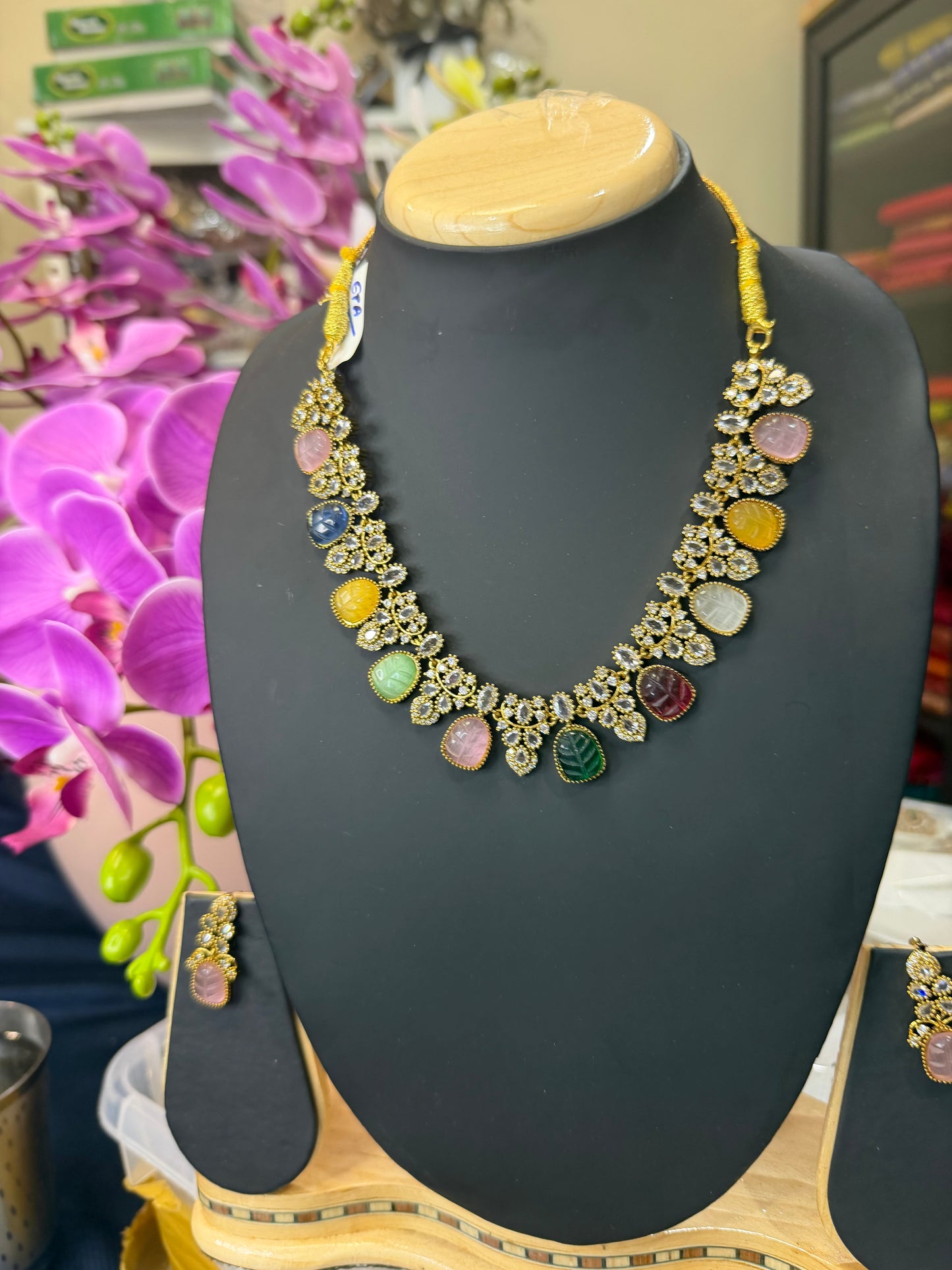 Indian Brass Necklace & Earrings Jewellery Set Multi N62