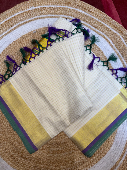 Kerala Vishu Sari Indian hand Printed Kasavu Onam Saree C36 Col 6