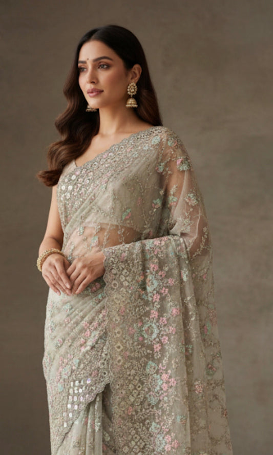 Pastel Green Fancy Party wear Net Sari Indian Saree S81