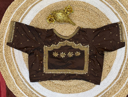 40” Size 10 Aari Worked Sari Blouse Indian Saree Top Silk Brown B70