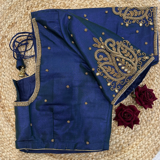 46” Size 16 Aari Worked Sari Blouse Indian Saree Top Silk Blue B411