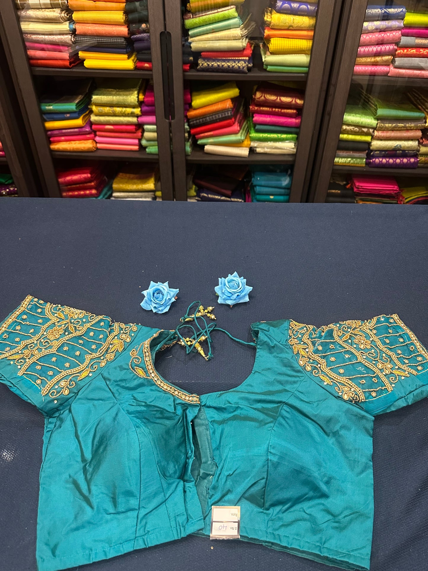 40” Aari hand Worked Sari Blouse Indian Top Choli Silk Teal Green B14