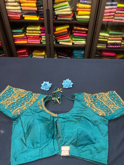 40” Aari hand Worked Sari Blouse Indian Top Choli Silk Teal Green B14