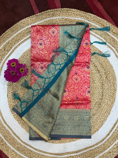 Art Silk Sari Indian Fancy Saree Red & Teal S73