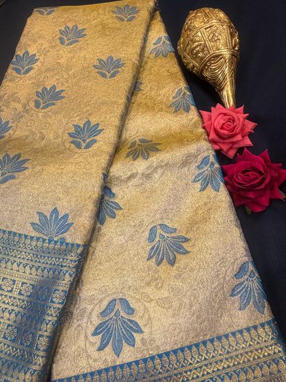 Kanchipuram Tissue Bridal Pure Silk Saree with Gold Zari Blue & Gold Sari| SPK095