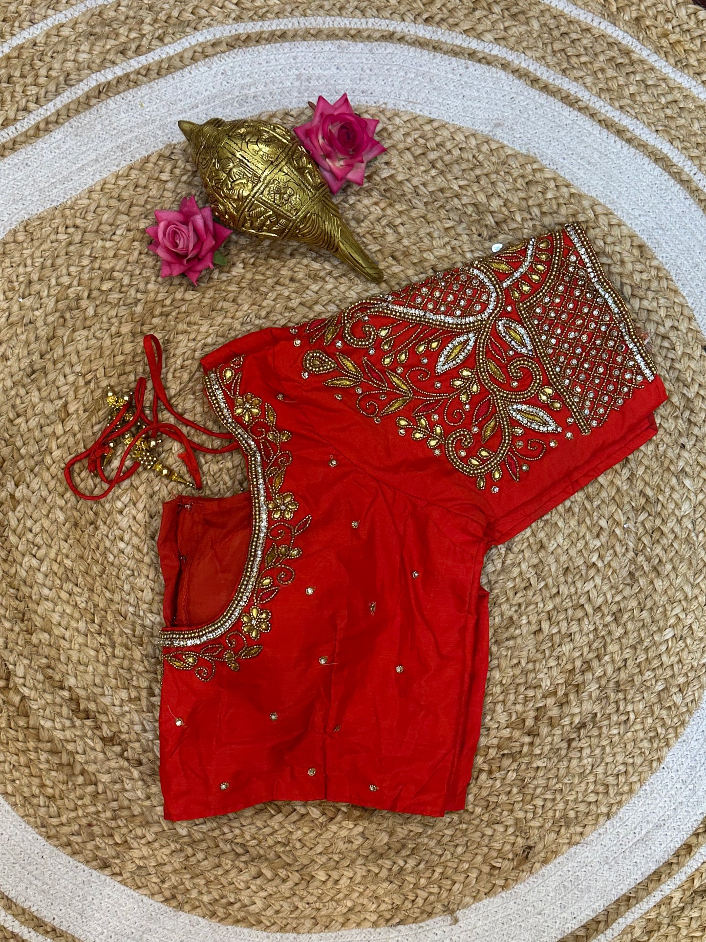 40” Size 10 Aari Worked Sari Blouse Indian Saree Top Silk Red B99