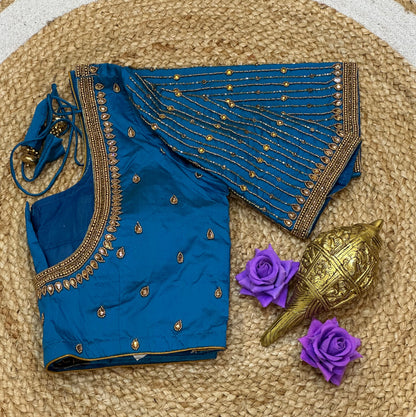36” Small size Aari Worked Sari Blouse Indian Saree Blue B217