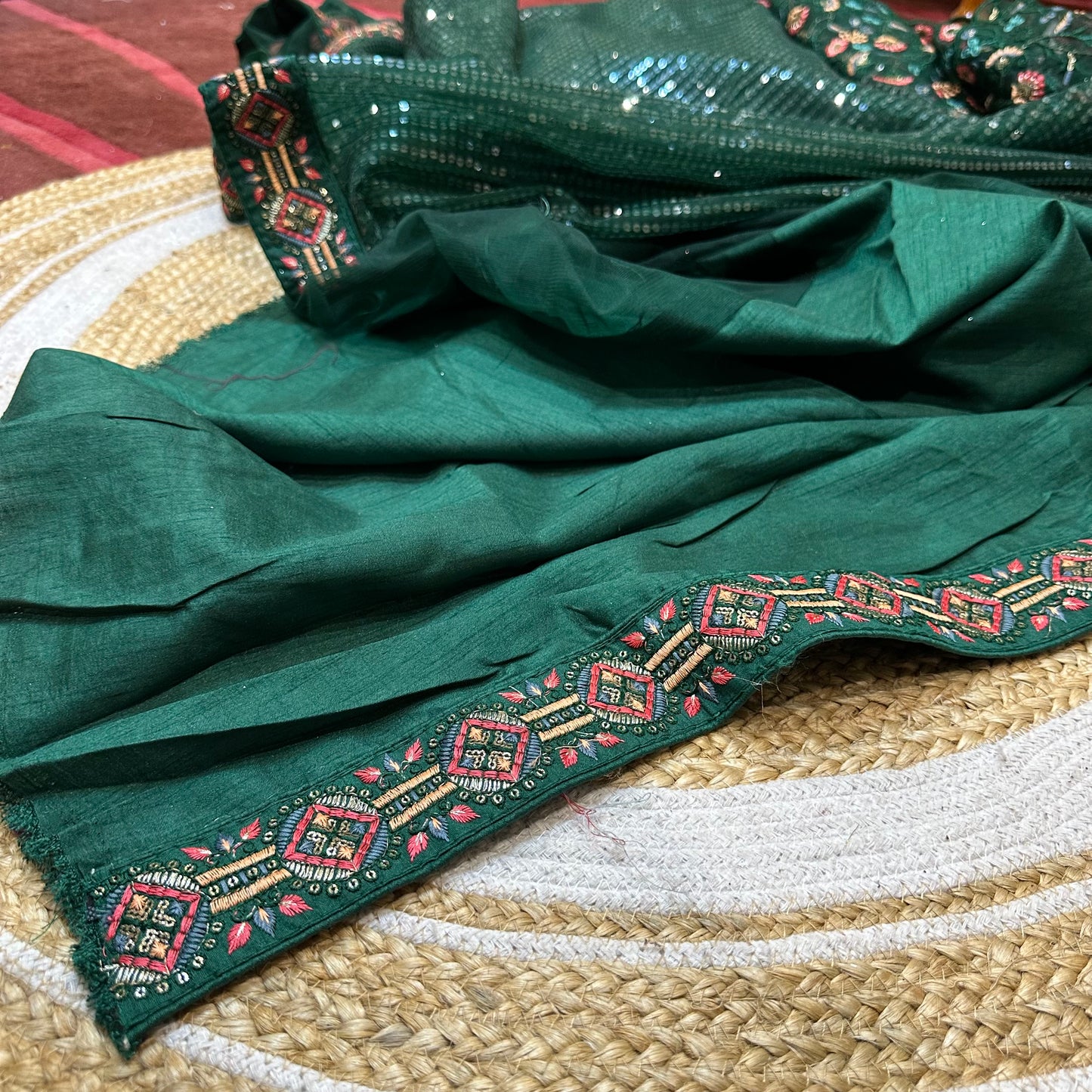 Sequins Net Sari Indian Fancy Saree Bottle Green V1