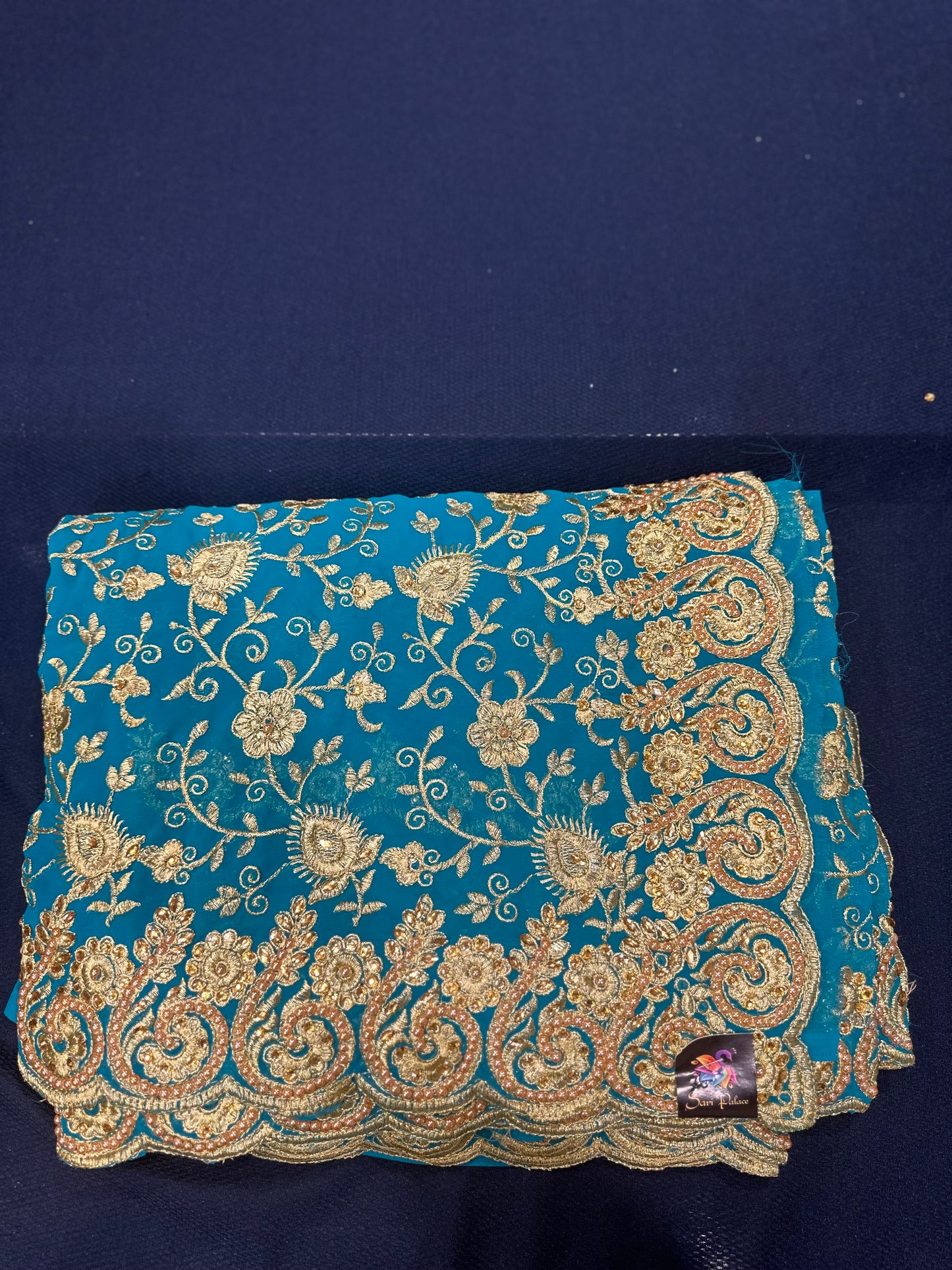 Blue Fancy Party wear Georgette Sari Indian Pearl Saree S44