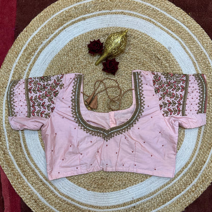 44” Size 14 Aari Worked Sari Blouse Indian Saree Top Silk Baby Pink B256