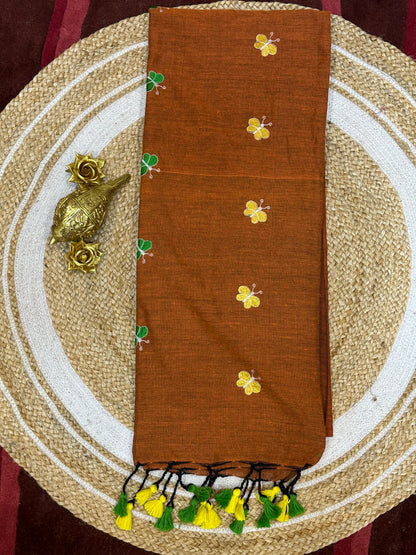 Khadi Soft Cotton Linen Sari Indian Saree Rusty Orange S59