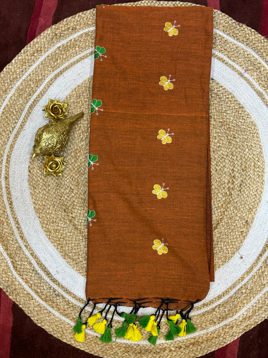 Khadi Soft Cotton Linen Sari Indian Saree Rusty Orange S59