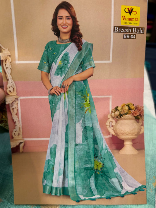White & Sea Green Digital Printed Linen Sari Indian casual Saree C5