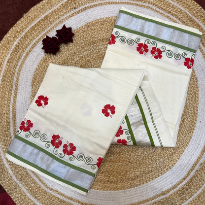 Red Kerala Vishu Sari Indian hand Printed Kasavu Onam Saree C19
