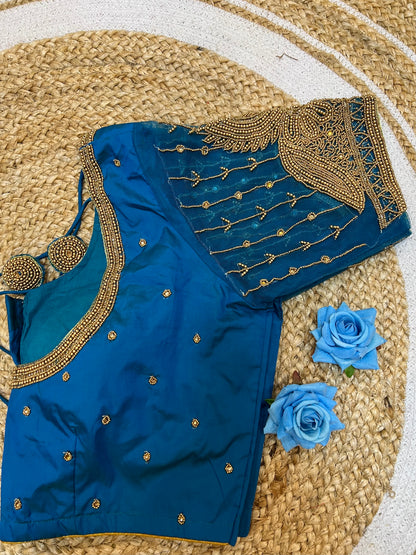 40” Bridal Aari hand Worked Sari Blouse Indian Top Choli Silk Blue B41