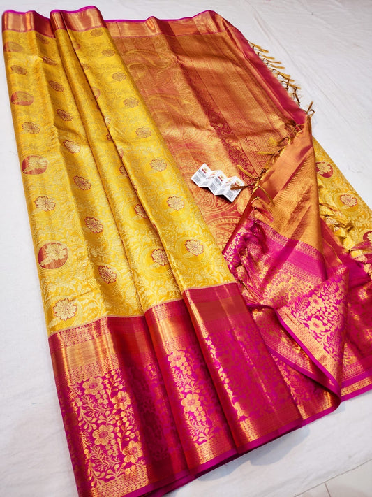 Kanchipuram Pure Silk Saree Bridal Yellow Kanjivaram Sari SPK243