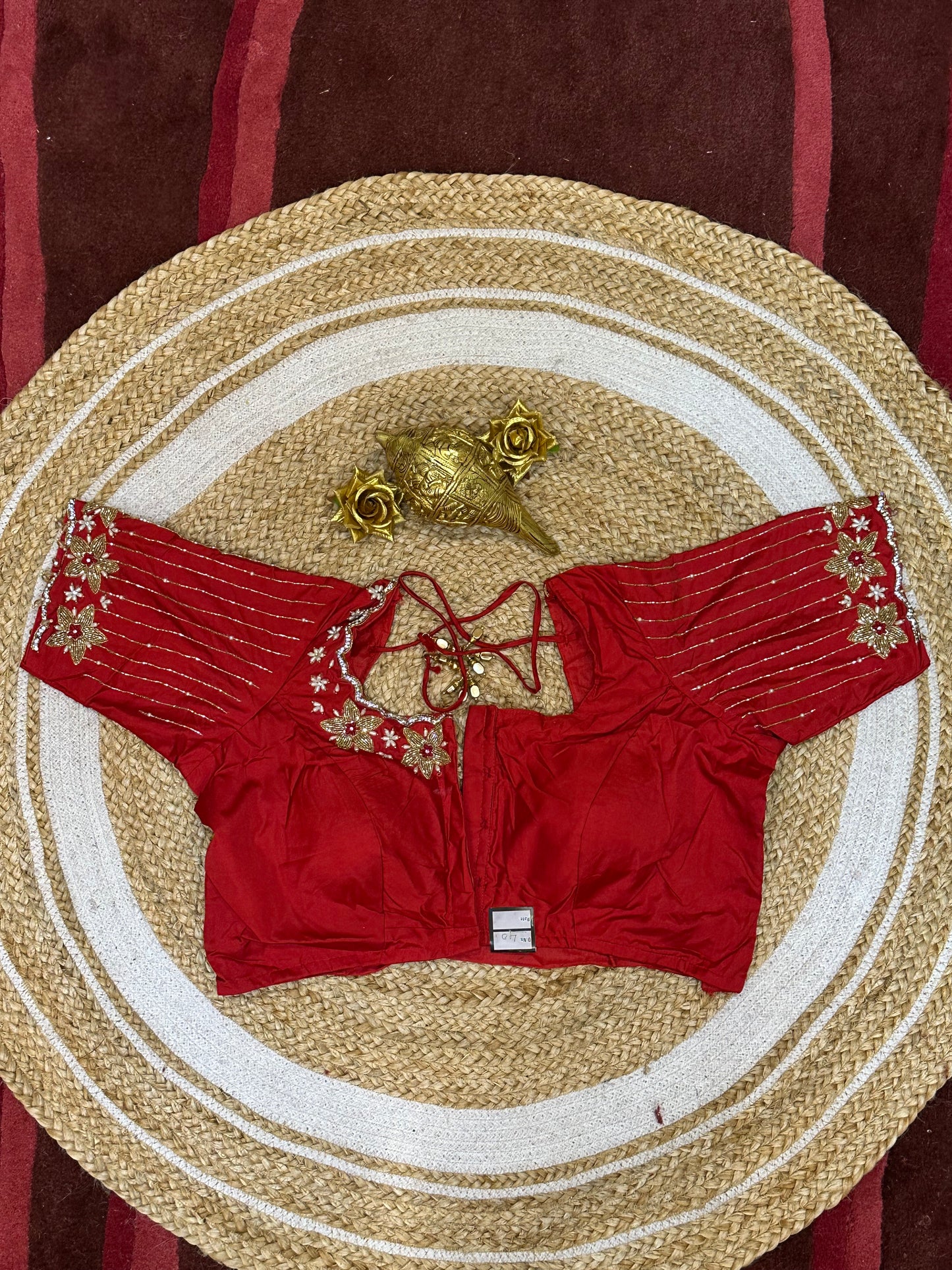 40” Size 10 Aari Worked Sari Blouse Indian Saree Top Silk Red B86