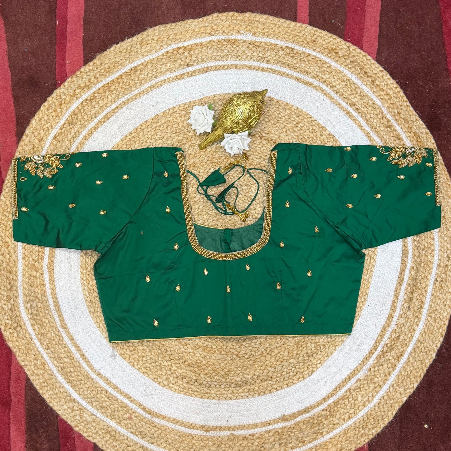 46” Size 16 Aari Worked Sari Blouse Indian Saree Top Silk Bottle Green B223