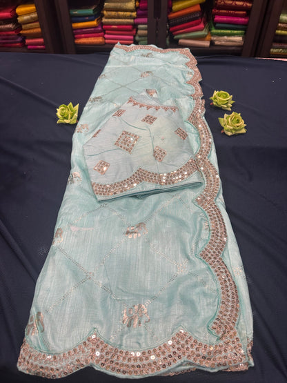 Sky Blue Fancy Party wear Sari Indian Saree Blouse Combo S87