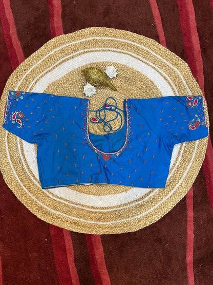 50” Size 20 Aari Worked Sari Blouse Indian Saree Top Silk Blue B52