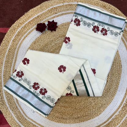Red Kerala Vishu Sari Indian hand Printed Kasavu Onam Saree C19