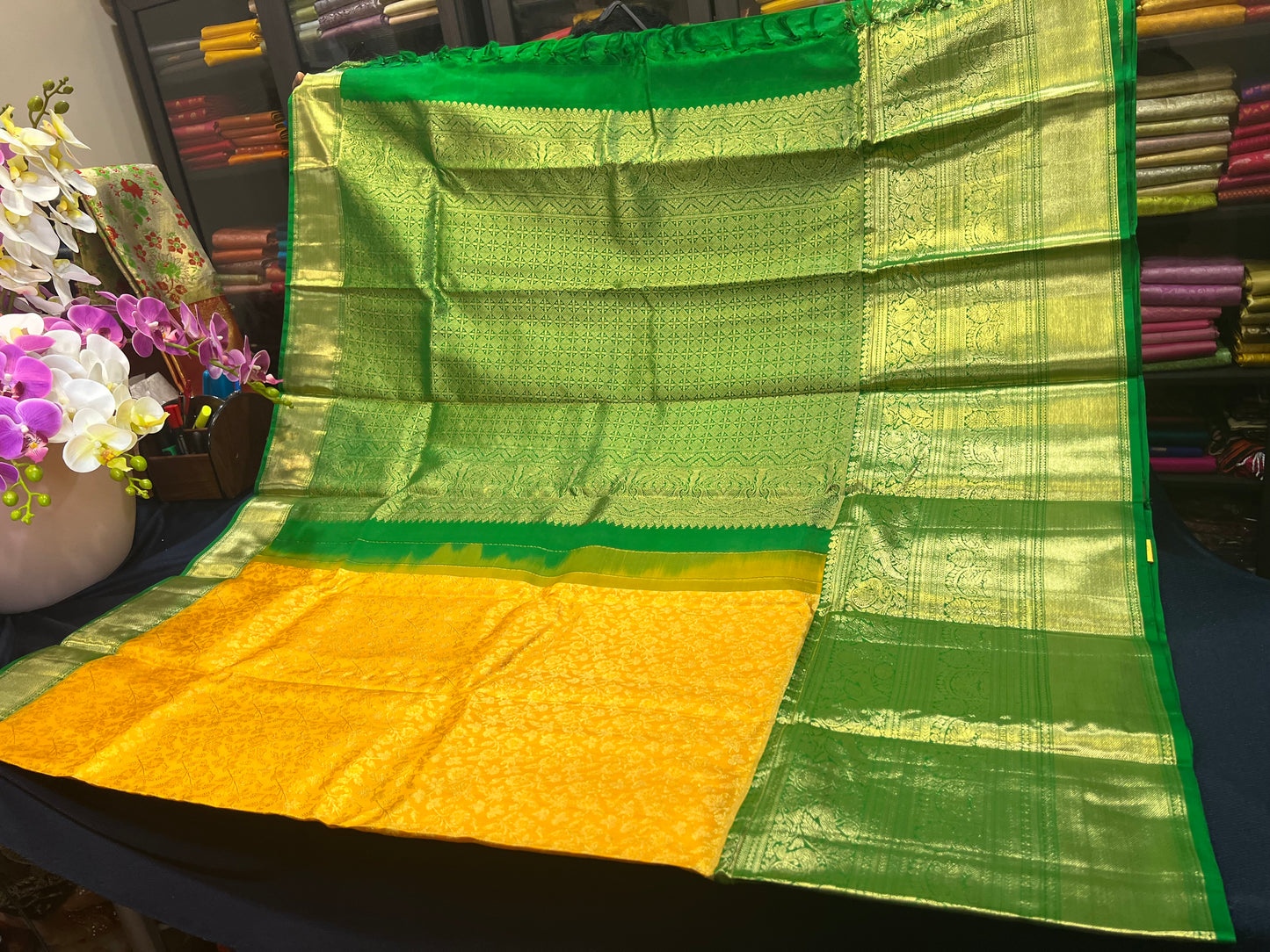 Kanchipuram Pure Silk Saree Yellow & Green Kanjivaram Sari| SPK087