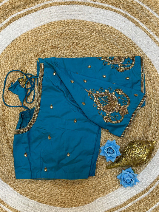 46” Size 16 Aari Worked Sari Blouse Indian Saree Top Silk Blue B197