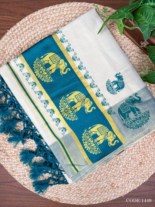 Turquoise Elephant Kerala Vishu Sari Indian Cream Tissue Saree C7