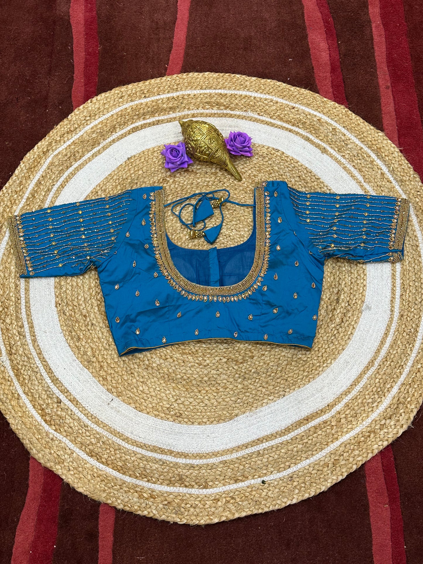 36” Small size Aari Worked Sari Blouse Indian Saree Blue B217