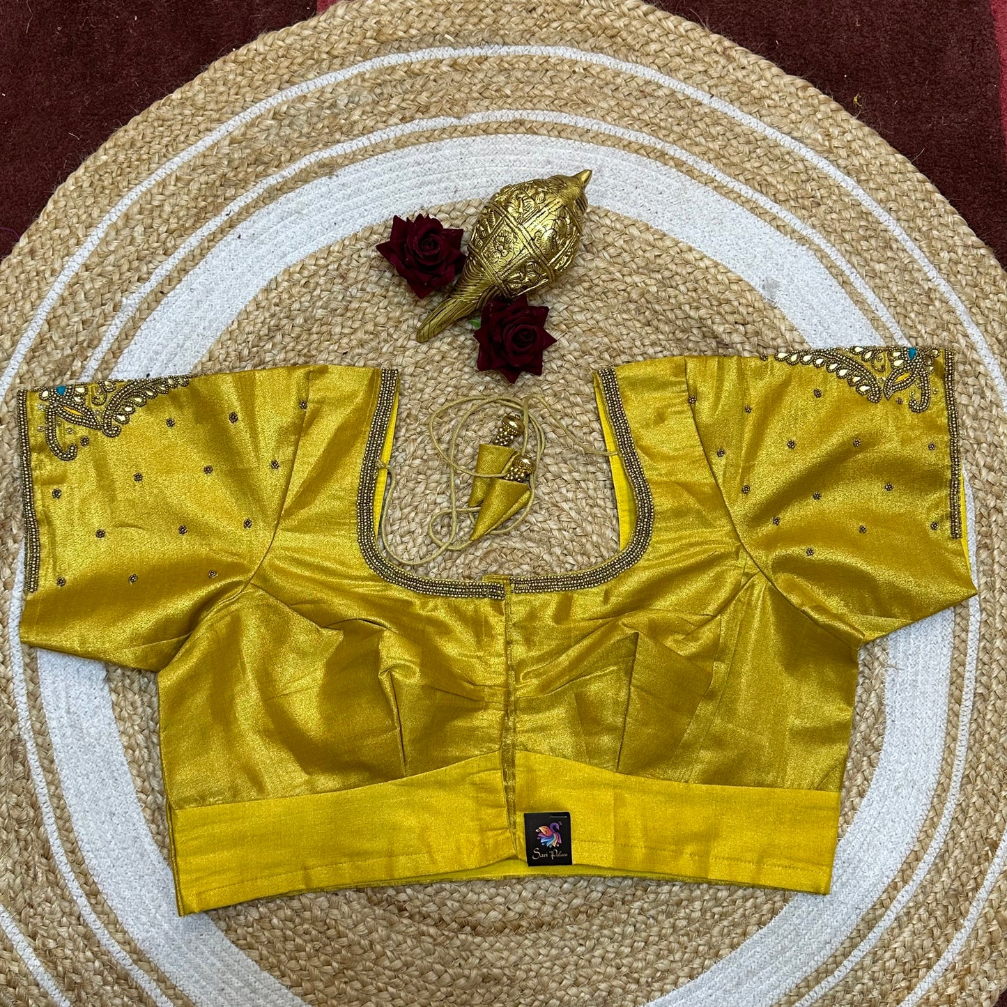 44” Size 14 Aari Worked Sari Blouse Indian Saree Top Silk Yellow B252