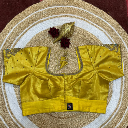 44” Size 14 Aari Worked Sari Blouse Indian Saree Top Silk Yellow B252