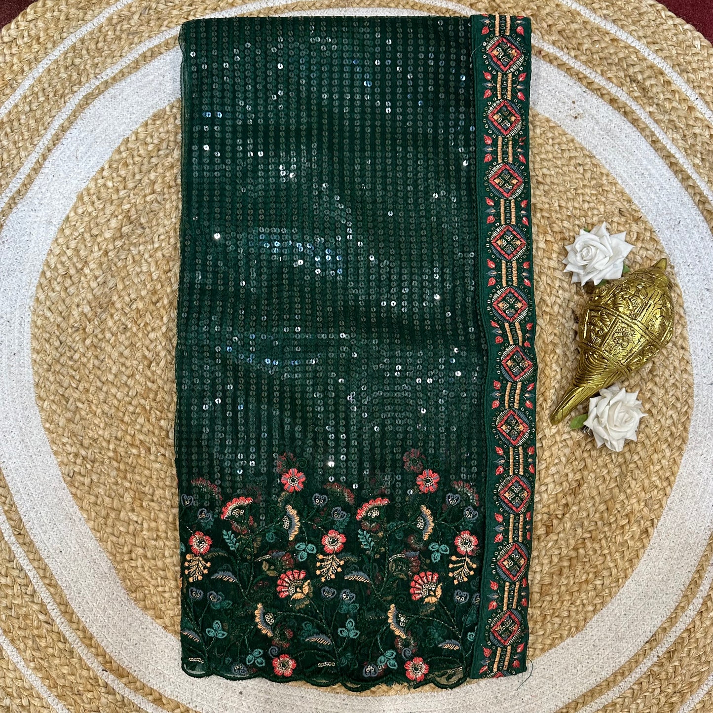 Sequins Net Sari Indian Fancy Saree Bottle Green V1