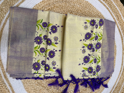 Purple Kerala Vishu Sari Indian Cream Tissue hand Printed Onam Saree C16