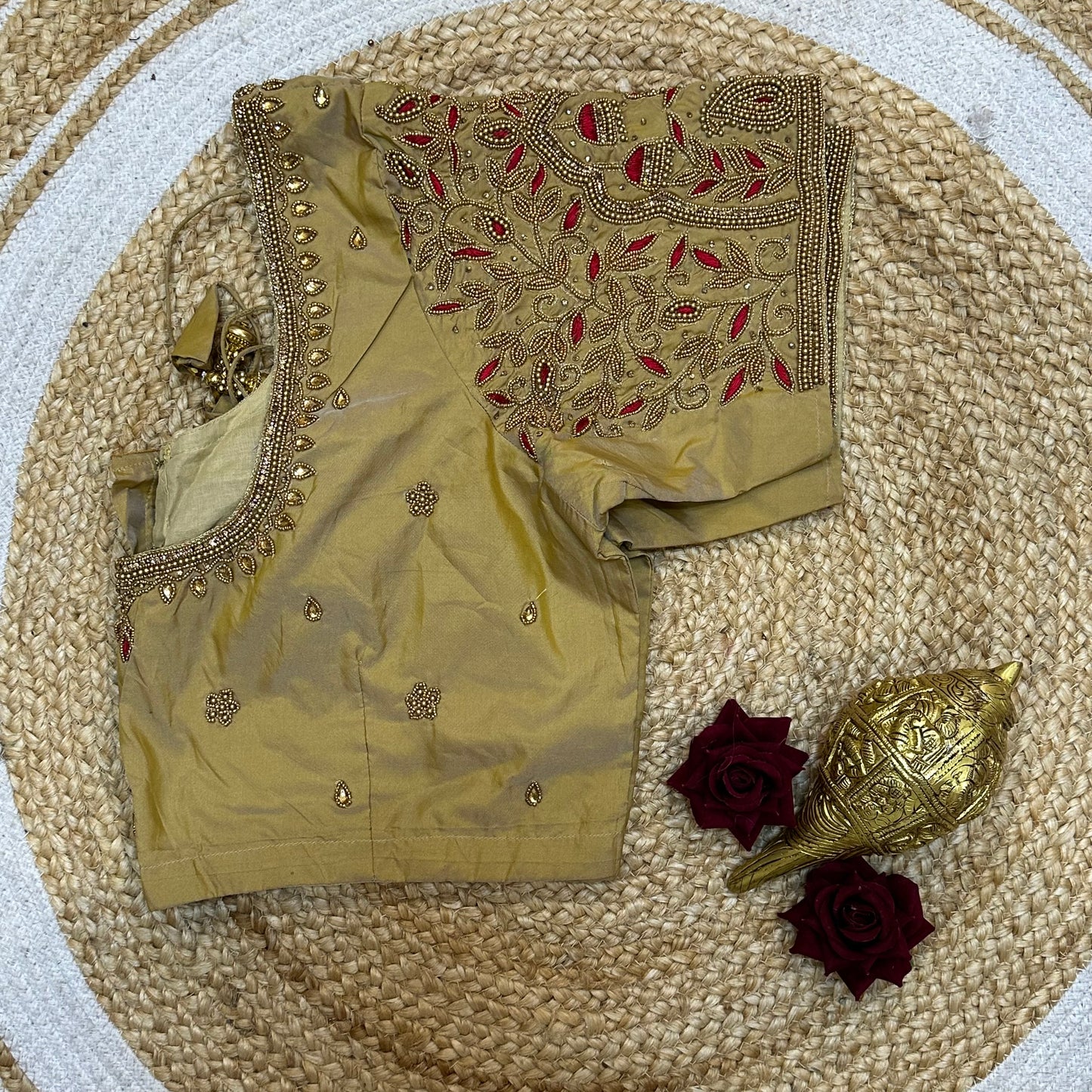 44” Size 14 Aari Worked Sari Blouse Indian Saree Top Silk Light Gold B257