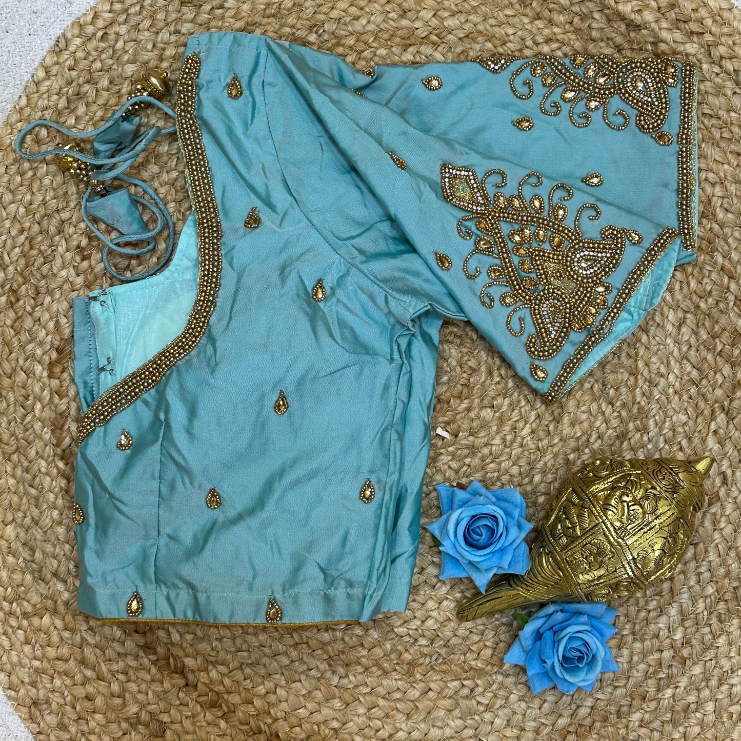 36” Small size Aari Worked Sari Blouse Indian Saree Sky Blue B212