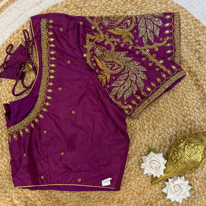 46” Size 16 Aari Worked Sari Blouse Indian Saree Top Silk Dark Purple B224