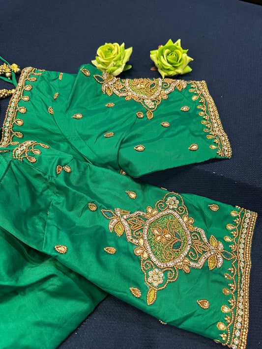 40” Aari hand Worked Sari Blouse Indian Top Choli Silk Green B5